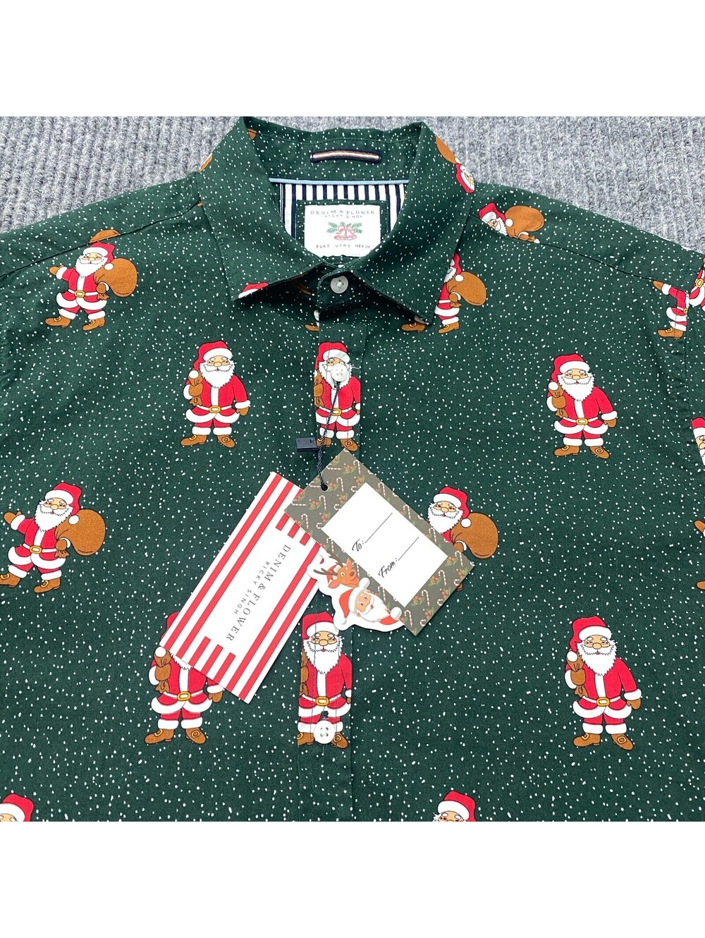 Denim & Flower Shirt Mens S Green Button Up Santa Claus Christmas All Over Print - Picture 1 of 12